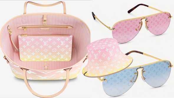 Louis Vuitton’s NeverFull MM tote bag made from Monogram Giant canvas;  Grease Mask sunglasses; sunhat