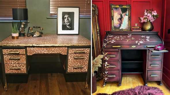 Leopard desk and bespoke hand painted vintage roll top bureau-desk by RelovedMCR