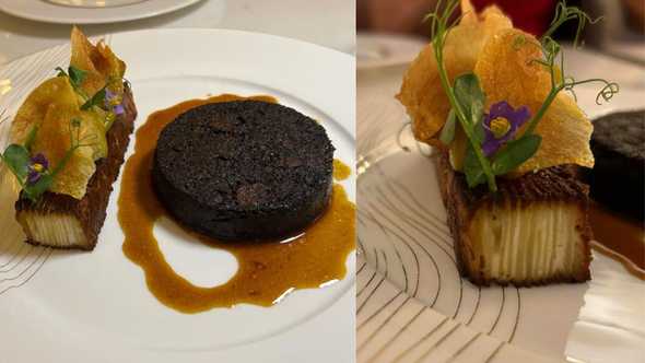 French Black Pudding, inspired by Chef Christian Parra, with potato gratin,Confit Apples and Potato Chips