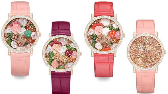Piaget's Anita Porchet and Dick Steenman have created four unique dials using gold, imperial jasper, coral, chrysoprase, mokaïte, enamel, and mother-of-pearl of various colours. Piaget’s ultra-thin 430P movement powers all four limited editions of eight pieces.
