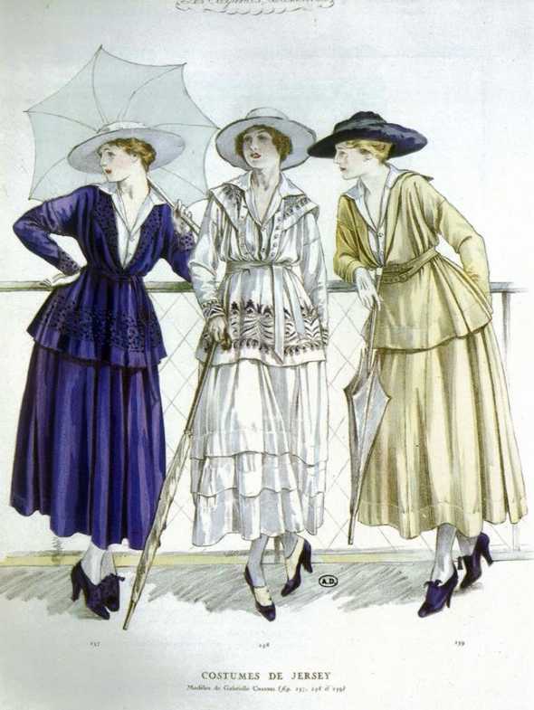 Three jersey outfits by Coco Chanel; Illustration published in Les Elegances Parisiennes, March 1917