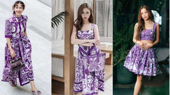 Anne Thongprasom, Film Rachanun and Jane Ramida in baroque majolica swirls, drenched in bougainvillea purple
