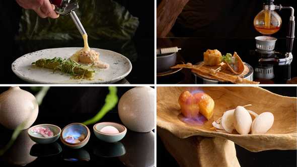 From top left: Hokkaido Scallop with Lemongrass Beurre Blanc , German White Asparagus Crunch of Cashews, Lime Leaves; Tom Yum with Prawn Cracker, Lobster Mayo, Fried Prawn Dim Sum and Prawn Taco; Coconut Earl Grey Ice Cream and Coconut Foam with Thai Orange Baba au Rhum; Lychee Yogurt Sorbet, Lychee Flambé with Rhubarb, Rose Jelly, Lime Meringue