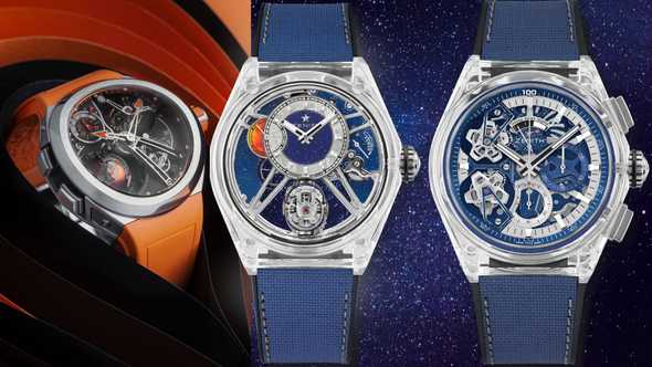 Greubel Forsey – GMT Sport 'Sincere Fine Watches Special Edition' in full orange; Zenith’s Defy Zero-G and Defy Double Tourbillon in transparent sapphire cases.