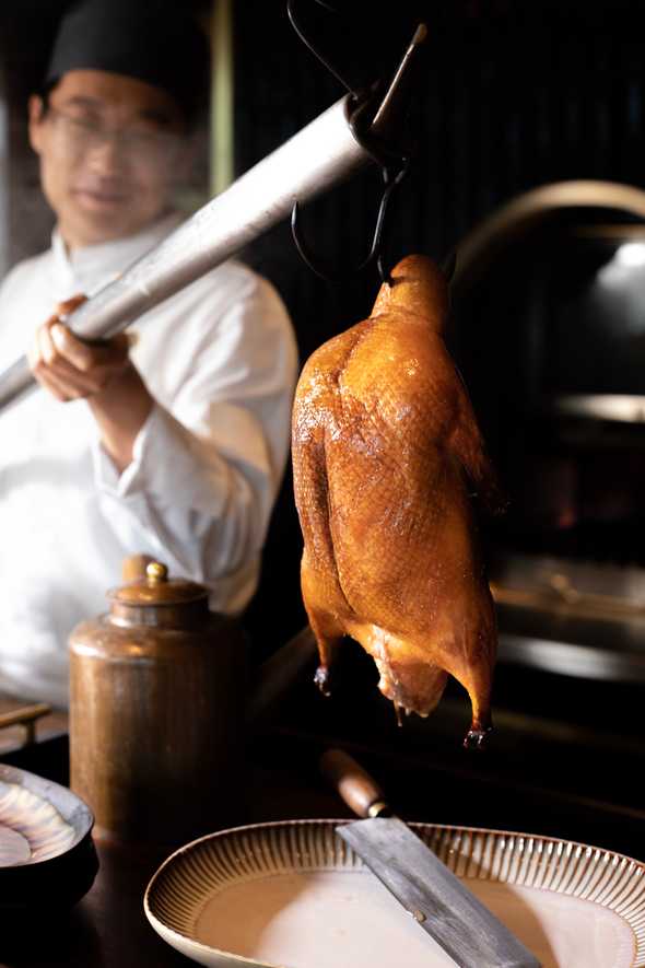 Peking duck straight from the oven at Nan Bei, Rosewood Bangkok