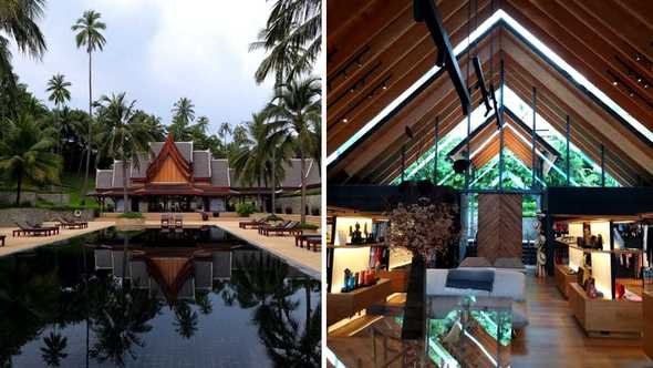 Left: The indigo main pool backed by the lobby. Right: Kengo Kuma designed Retail Pavilion