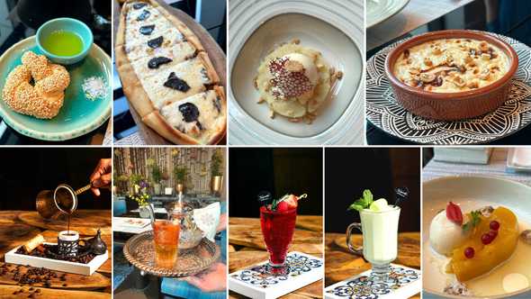 Clockwise from left: Turkish Pretzel; Cheese Pide; Semolina Helva with vanilla ice cream; Baked Rice Pudding; Pumpkin Tahini; Ayran; Ottoman Sherbet; Mint Tea; Turkish Coffee.