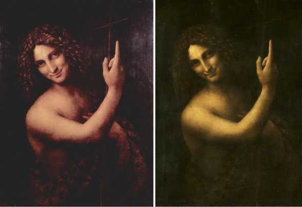 Leonardo Da Vinci’s portrait of Saint John the Baptist before and after an attempted restoration 