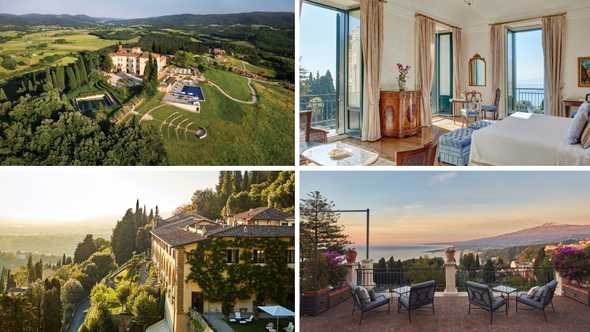 Castello Di Casole in Tuscany; In Sicily, the suite at Grand Hotel Timeo; Views of Mt. Etna from the terrace at Grand Hotel Timeo; Villa San Michele in Florence