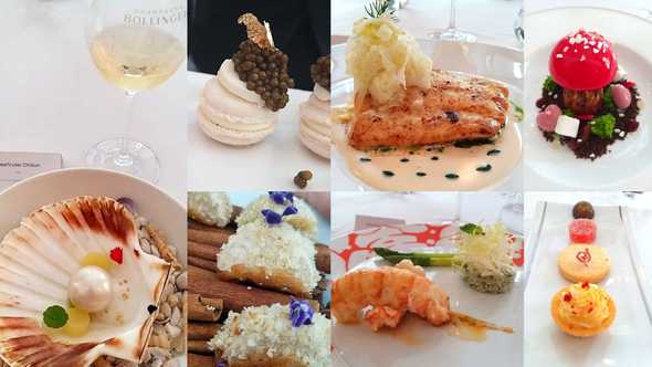 From left: Pearl – crab with apple gel, Macaroon with caviar, Turbot with Fennel sauce, Forest Mushroom dessert, petit four, Foie Gras and Banana Taco, Langoustine